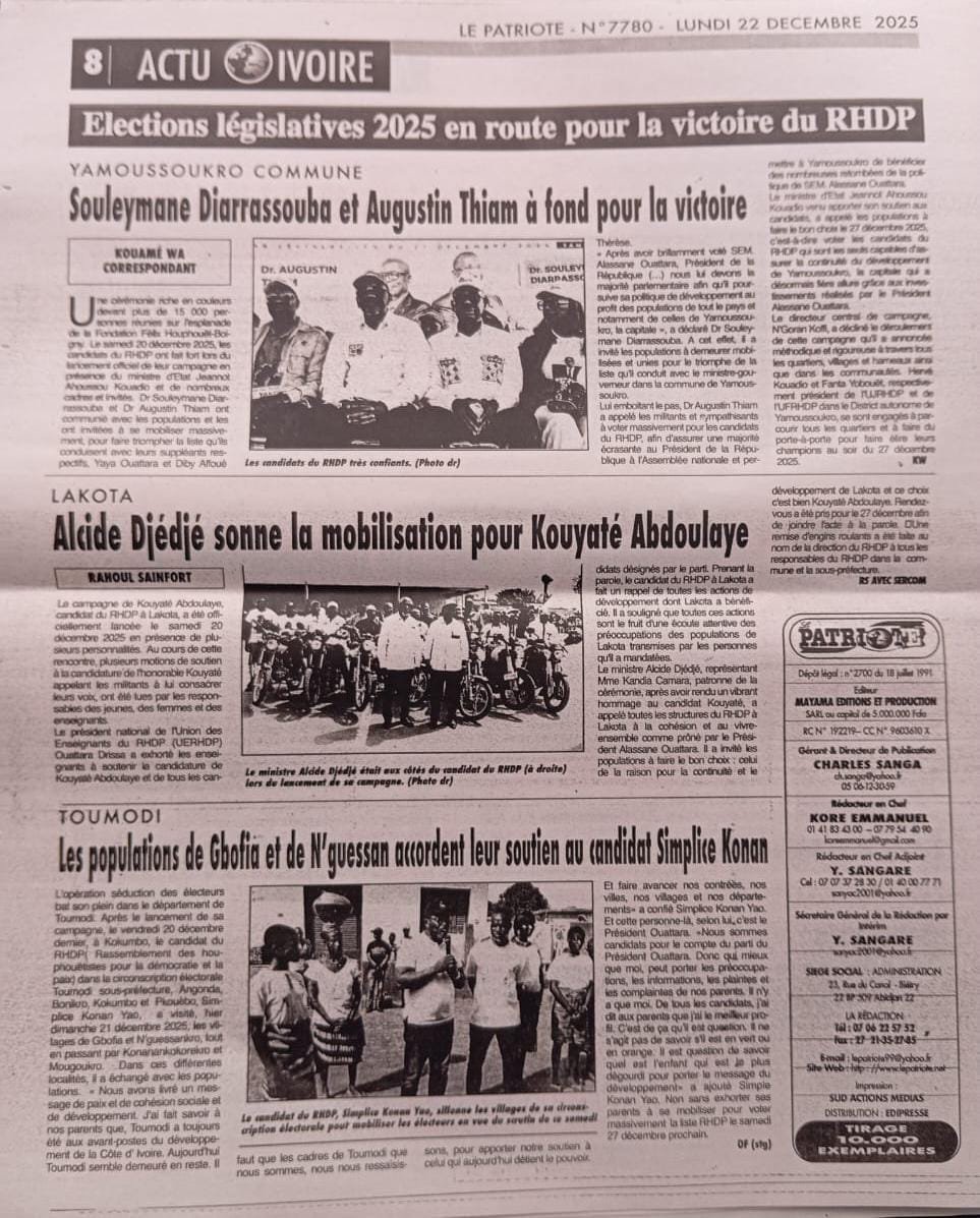 LE PATRIOTE  N° 7780  DU LUNDI 22 DECEMBRE PAGE 1