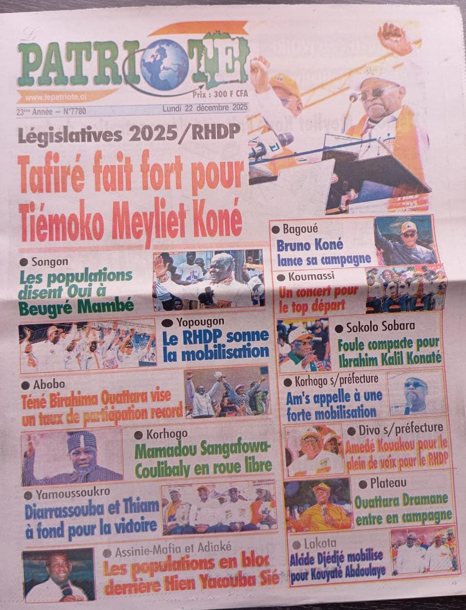 LE PATRIOTE  N° 7780  DU LUNDI 22 DECEMBRE PAGE 1